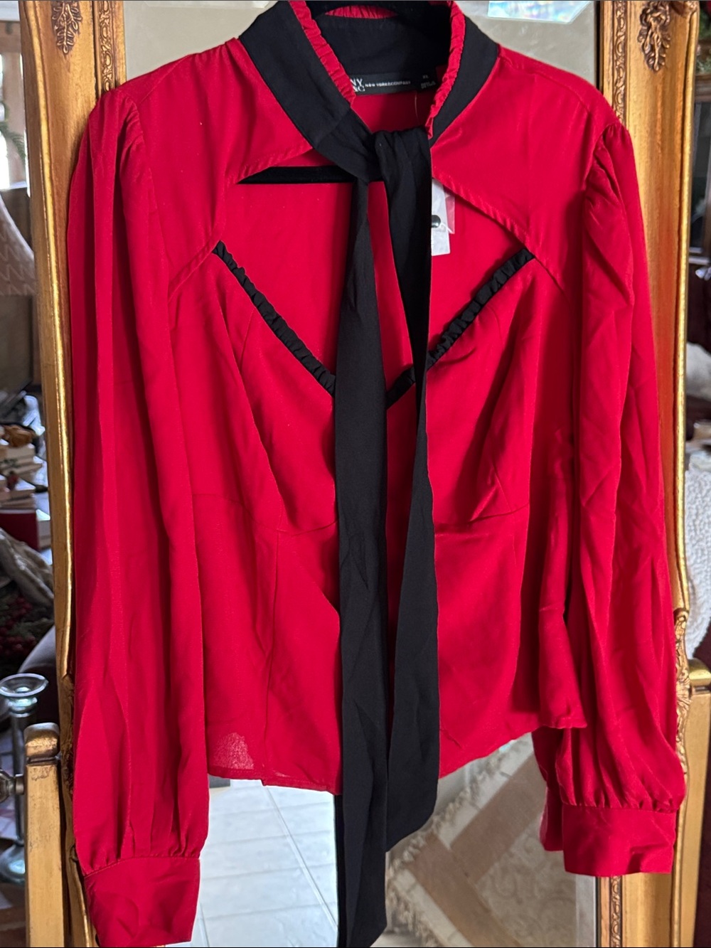 Women's Red Tie-Neck Blouse with Black Trim